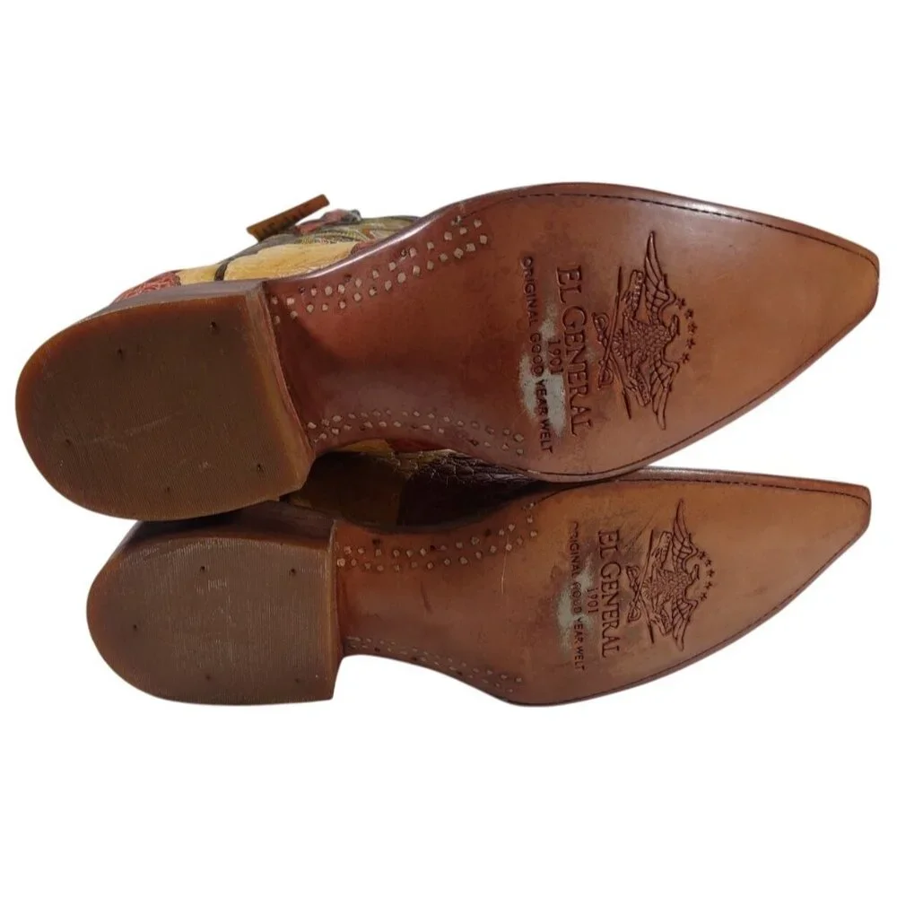 New El General Crocodile Skin Embroidered Red Yellow Brown Cowboy Boots Sz 6.5 - Picture 9 of 9